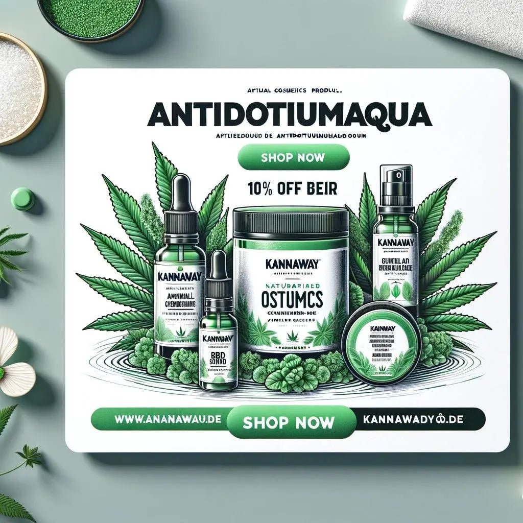 Affiliate-Marketing-Banner für hochwertige Naturkosmetik- und CBD-Produkte mit 10% Rabatt und "Shop Now"-Button.