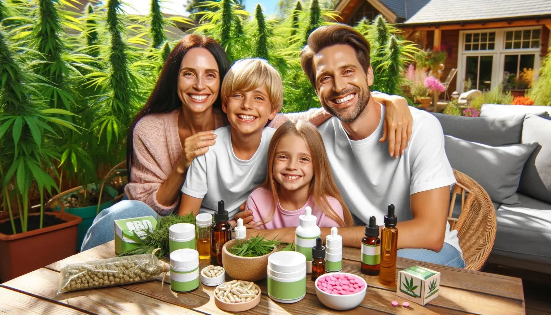 Eine glückliche Familie sitzt im Garten und nimmt verschiedene CBD-Produkte ein, im Hintergrund sind Hanfpflanzen zu sehen.
