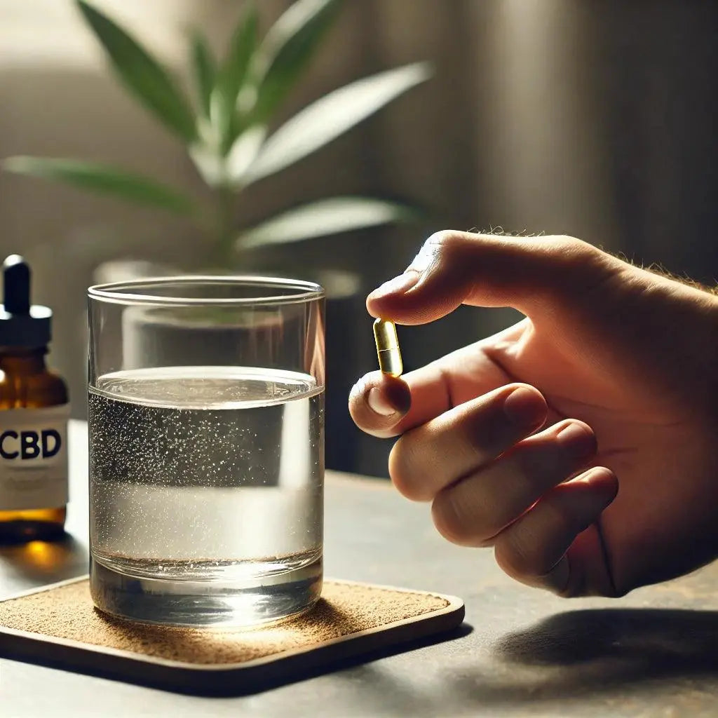 Ein Fläschchen CBD-Öl neben einer Pipette auf einem Holztisch.