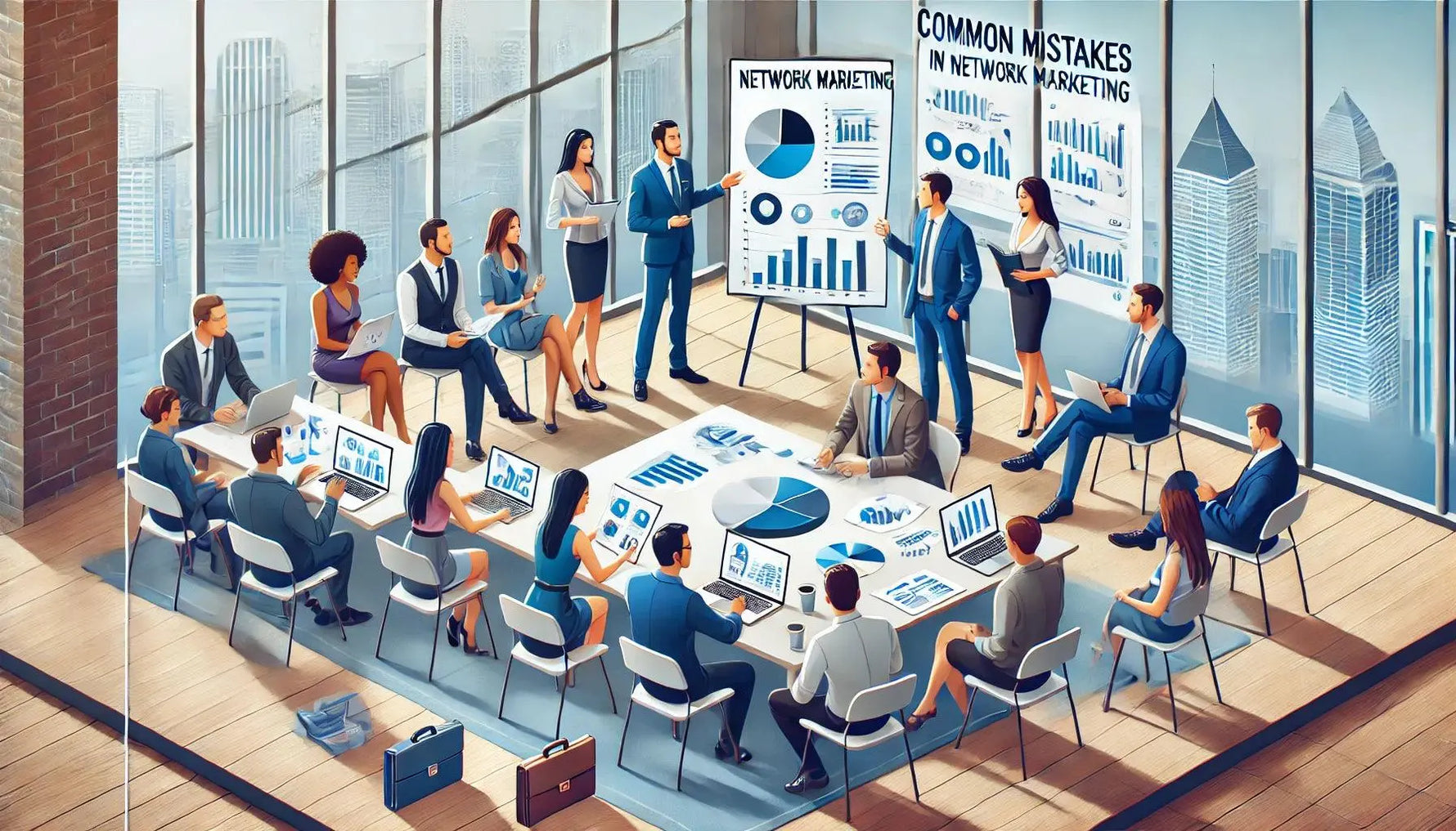 Eine vielfältige Gruppe von Fachleuten in einer modernen Büroumgebung, die häufige Fehler im Network Marketing diskutiert. Die Szene zeigt Diagramme, Laptops und Präsentationsmaterialien, mit Personen in einer fokussierten Diskussion.