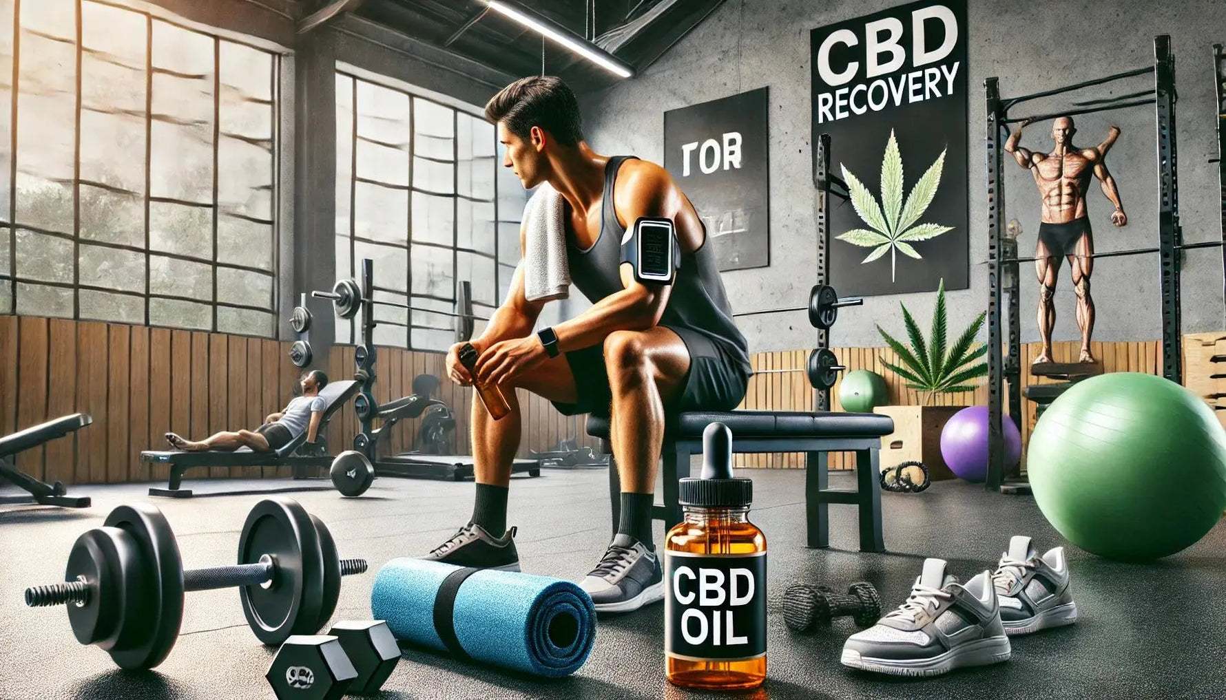 Ein Sportler sitzt in einem modernen Fitnessstudio und hält eine Flasche CBD-Öl zur Unterstützung der Regeneration nach dem Training.