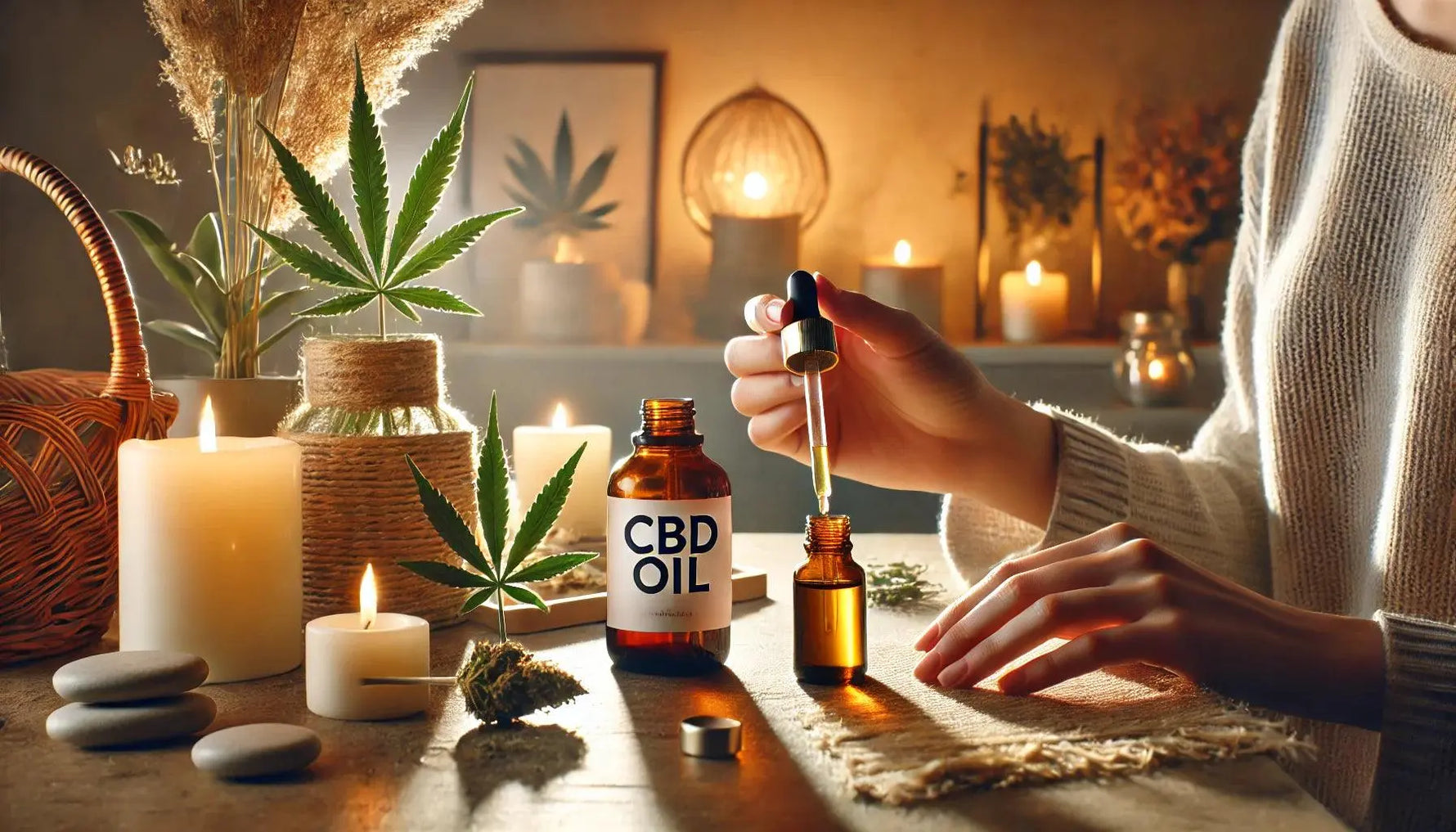 Person nutzt CBD-Öl in einer ruhigen und entspannenden Umgebung mit Pflanzen und Kerzen.