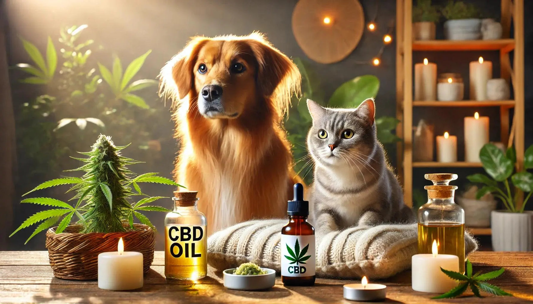 Hund und Katze in einer ruhigen Umgebung mit CBD-Produkten, Pflanzen und Kerzen.