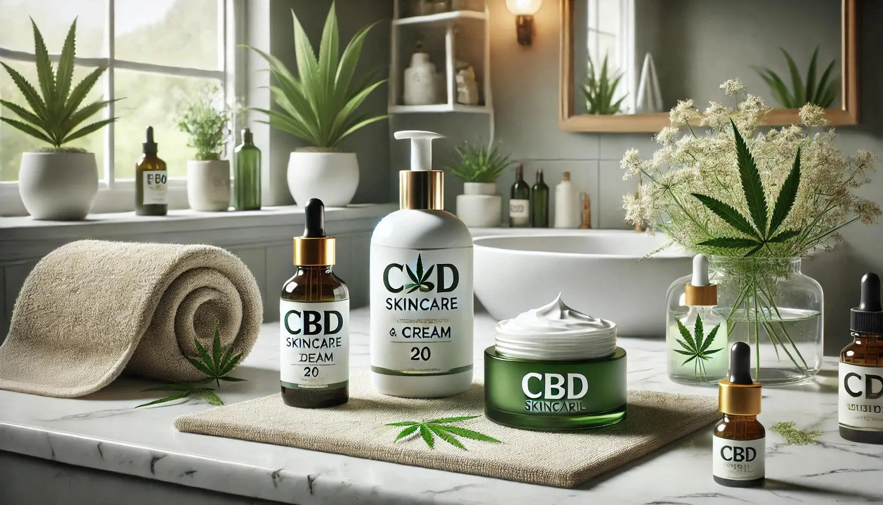 CBD-Hautpflegeprodukte, einschließlich Öl, Creme und Serum, auf einem eleganten Badezimmer-Counter, umgeben von Pflanzen und Handtüchern.