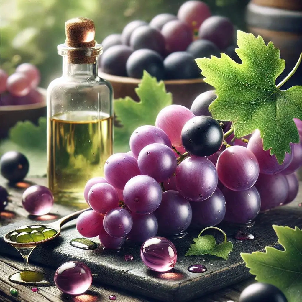 Reife, tiefviolette Muscadine-Trauben mit grünen Blättern, ergänzt durch natürliche Öle wie Jojoba und Argan.