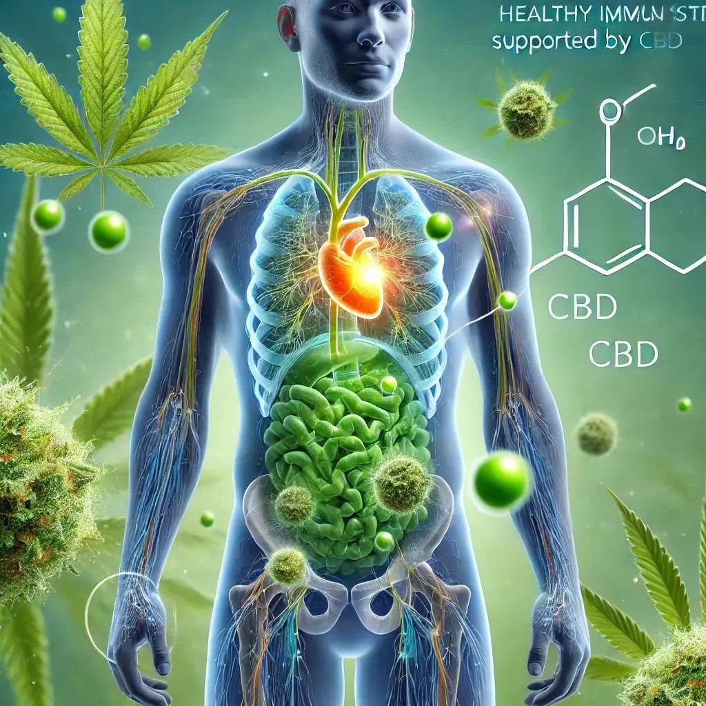 Illustration eines gesunden Immunsystems, unterstützt durch CBD und umgeben von Cannabisblättern