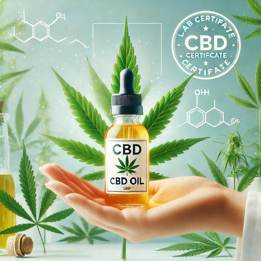 Hand hält eine Flasche CBD-Öl mit Hanfblättern und Zertifikat im Hintergrund