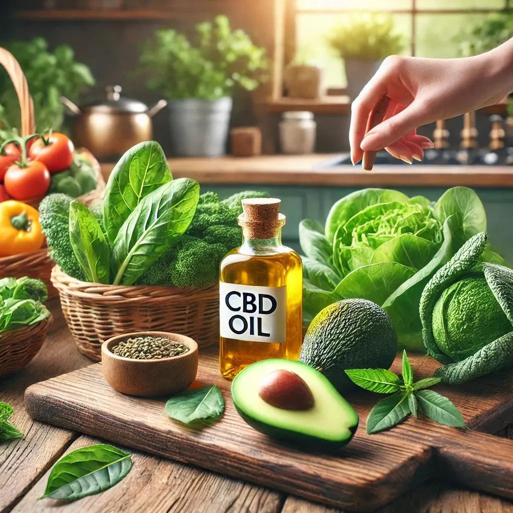 Gesunde Lebensmittel mit CBD-Öl in der Küche verwendet
