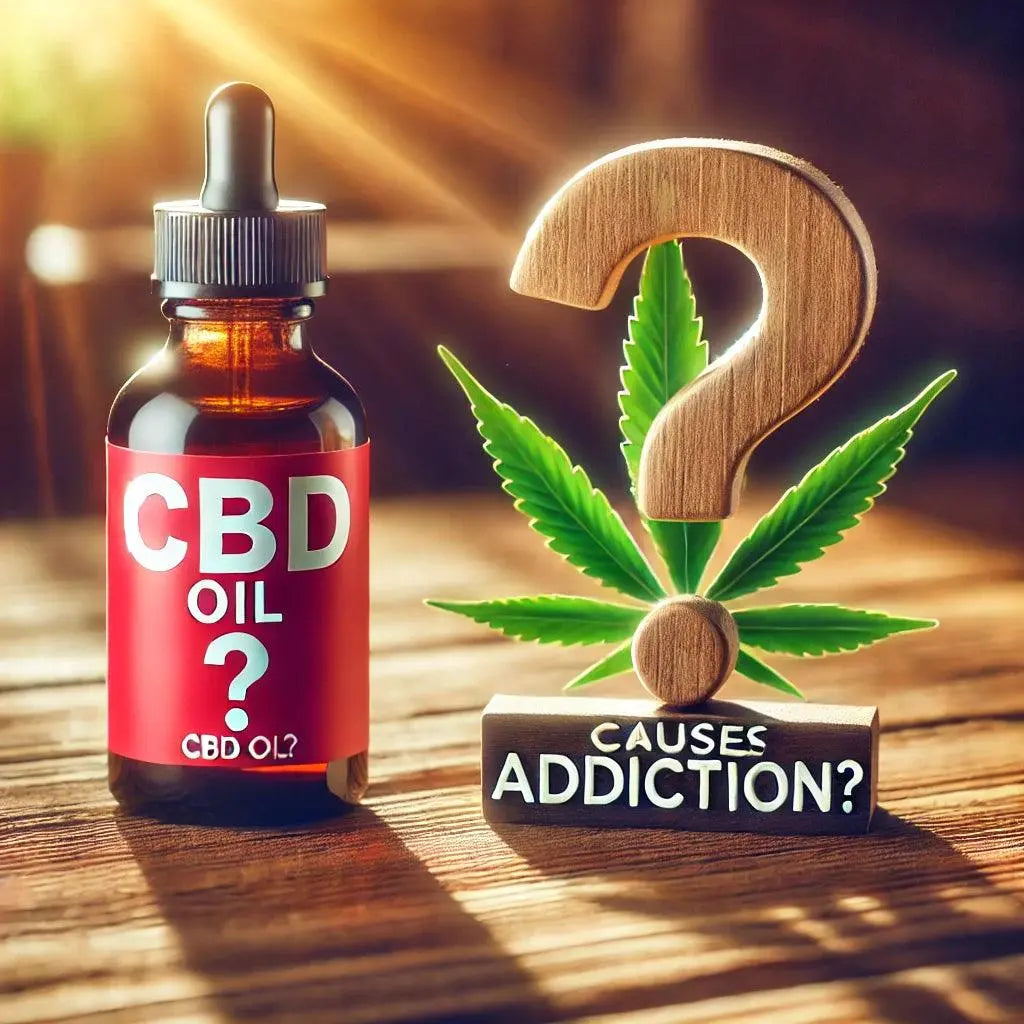 CBD-Öl mit Fragezeichen, das die Frage thematisiert, ob CBD abhängig macht