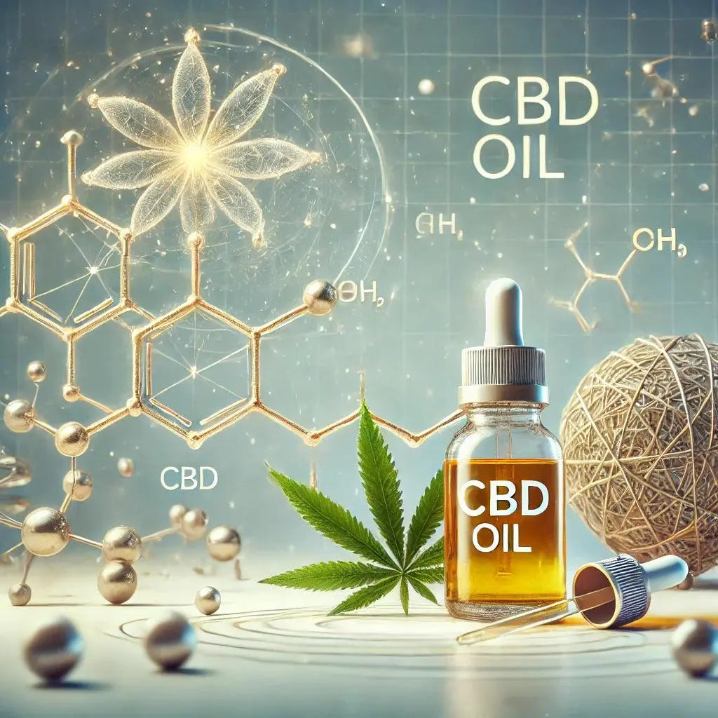 CBD-Öl mit Molekularstruktur im Hintergrund, das die Wirkmechanismen von CBD im Körper darstellt