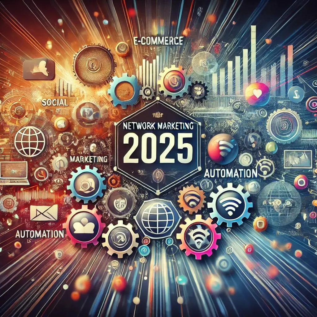 Grafische Darstellung der Trends im Network Marketing für 2025, einschließlich E-Commerce und Automatisierung