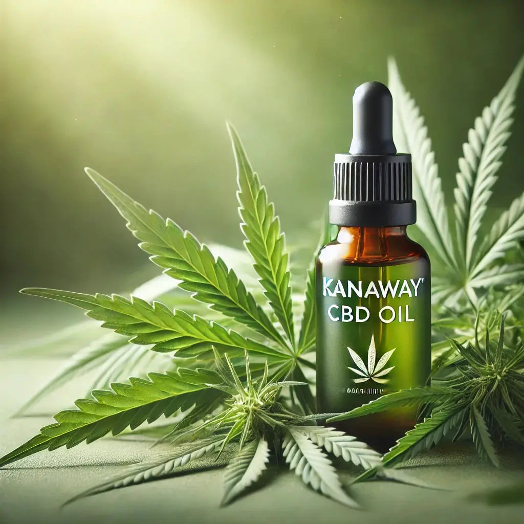 Kanaway CBD Öl in einer Glasflasche auf grünen Hanfblättern, symbolisierend die natürliche Kraft der Hanfpflanze für Gesundheit und Wohlbefinden