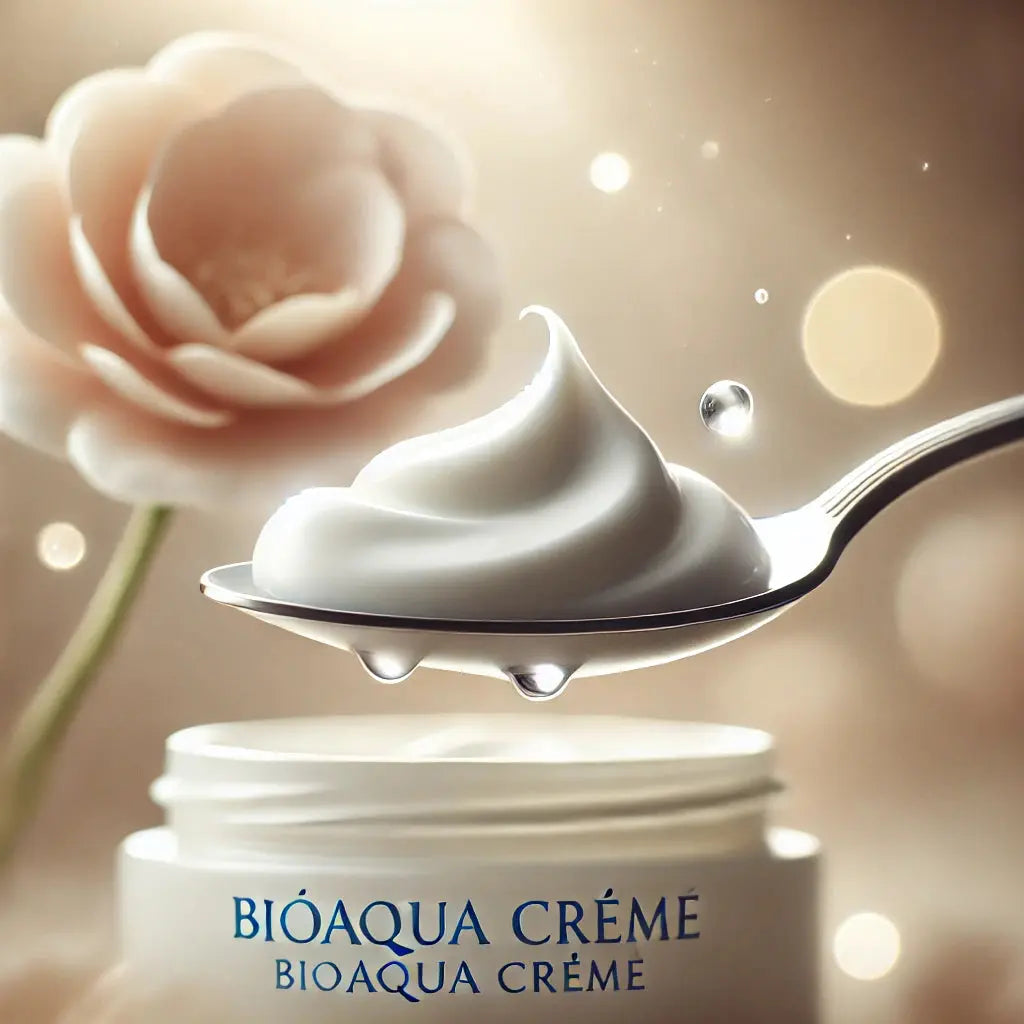 BioAqua Creme mit natürlichen Inhaltsstoffen wie Aloe Vera, ätherischen Ölen und Blumen auf weißem Hintergrund.