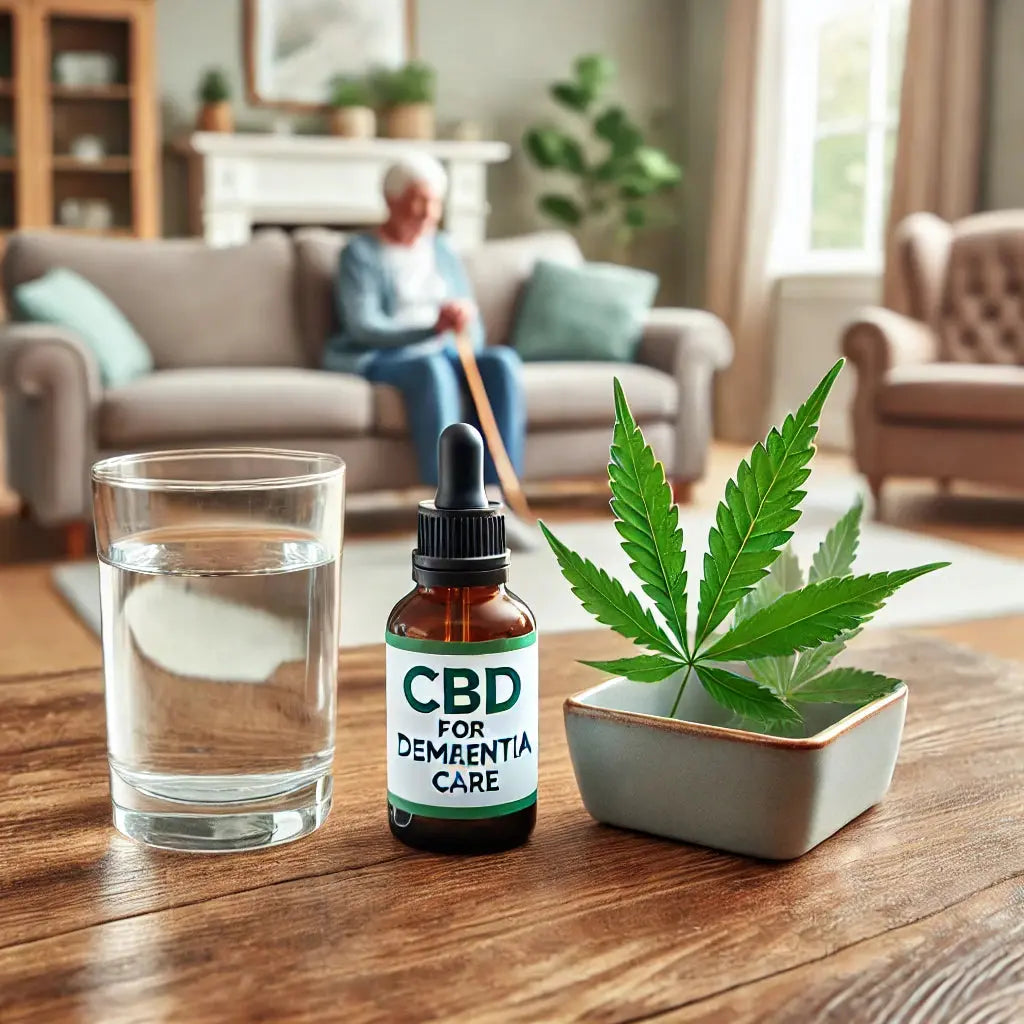 Ältere Person mit CBD-Öl und Hanfblättern, symbolisch für Unterstützung bei Alzheimer