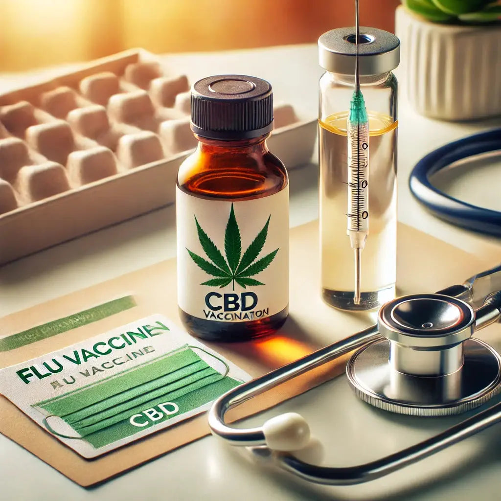 Moderne Darstellung von CBD-Öl, Hanfblättern und einer Spritze auf einem Holztisch, symbolisch für Grippeimpfung und natürliche Unterstützung des Immunsystems