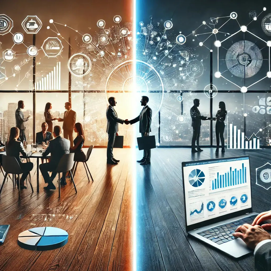 Darstellung von Network Marketing mit Menschen, die sich vernetzen, und Affiliate Marketing mit einem Laptop und digitalen Analysen