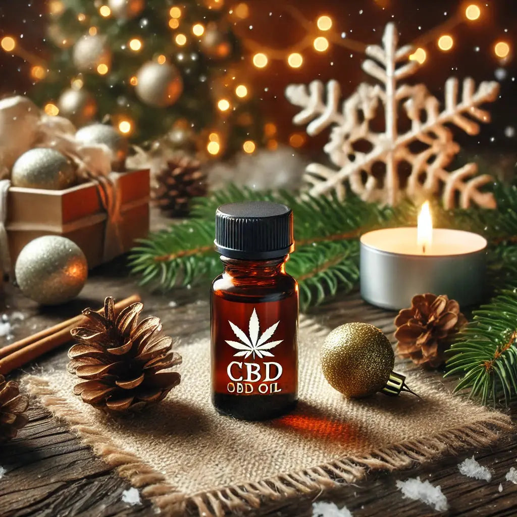 CBD-Öl in einer festlichen Szene mit Weihnachtsdekoration – ideal zur Entspannung in der Weihnachtszeit