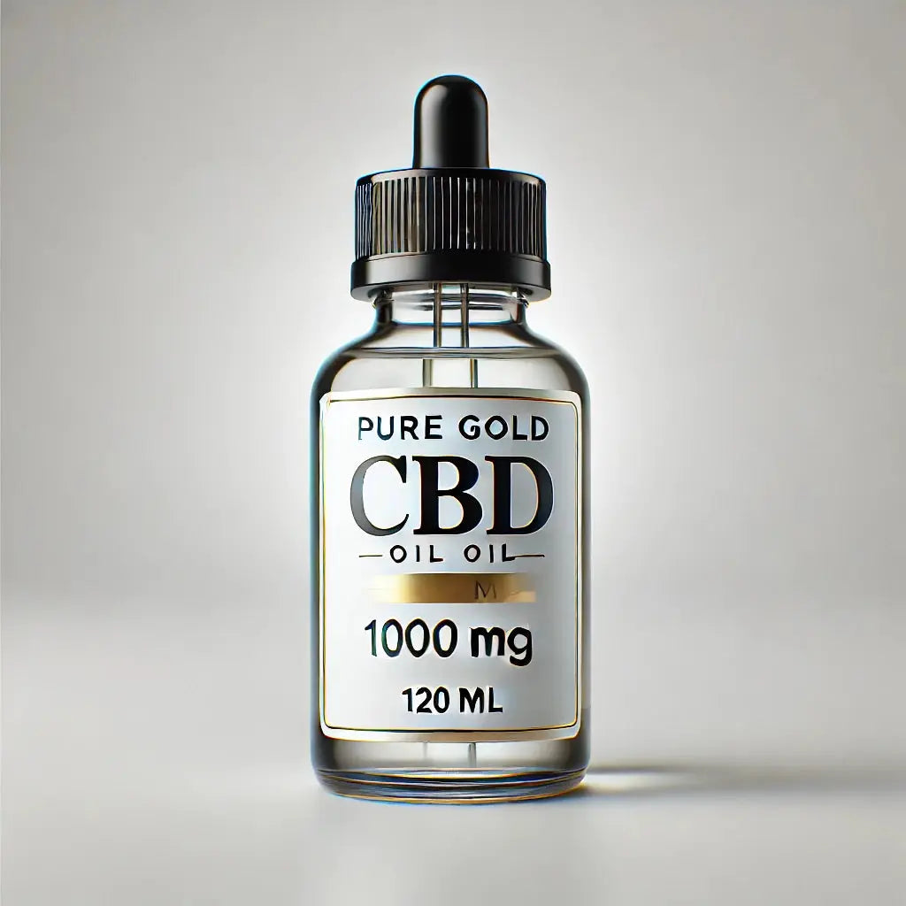 120-ml-Flasche Pure Gold CBD-Öl mit modernem Design auf weißem Hintergrund, die Premium-Qualität und gesundheitliche Vorteile vermittelt.