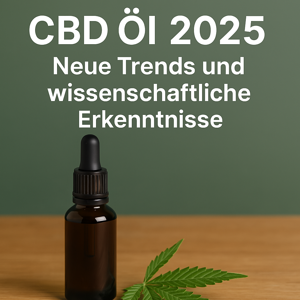 Braune CBD-Öl-Flasche mit Pipette auf Holztisch, daneben ein Hanfblatt. Im Hintergrund der Text: „CBD Öl 2025 – Neue Trends und wissenschaftliche Erkenntnisse“ auf grünem Hintergrund.