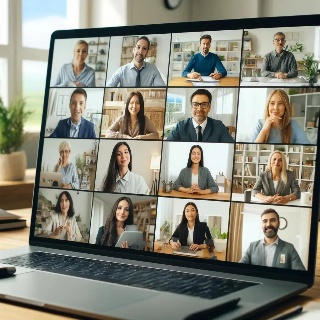 Ein virtuelles Geschäftstreffen im Network Marketing, bei dem Teilnehmer über Videoanruf verbunden sind.