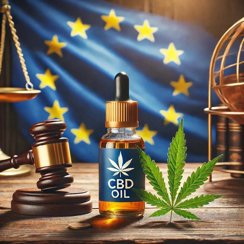 Nahaufnahme einer CBD-Ölflasche mit europäischen Flaggen im Hintergrund