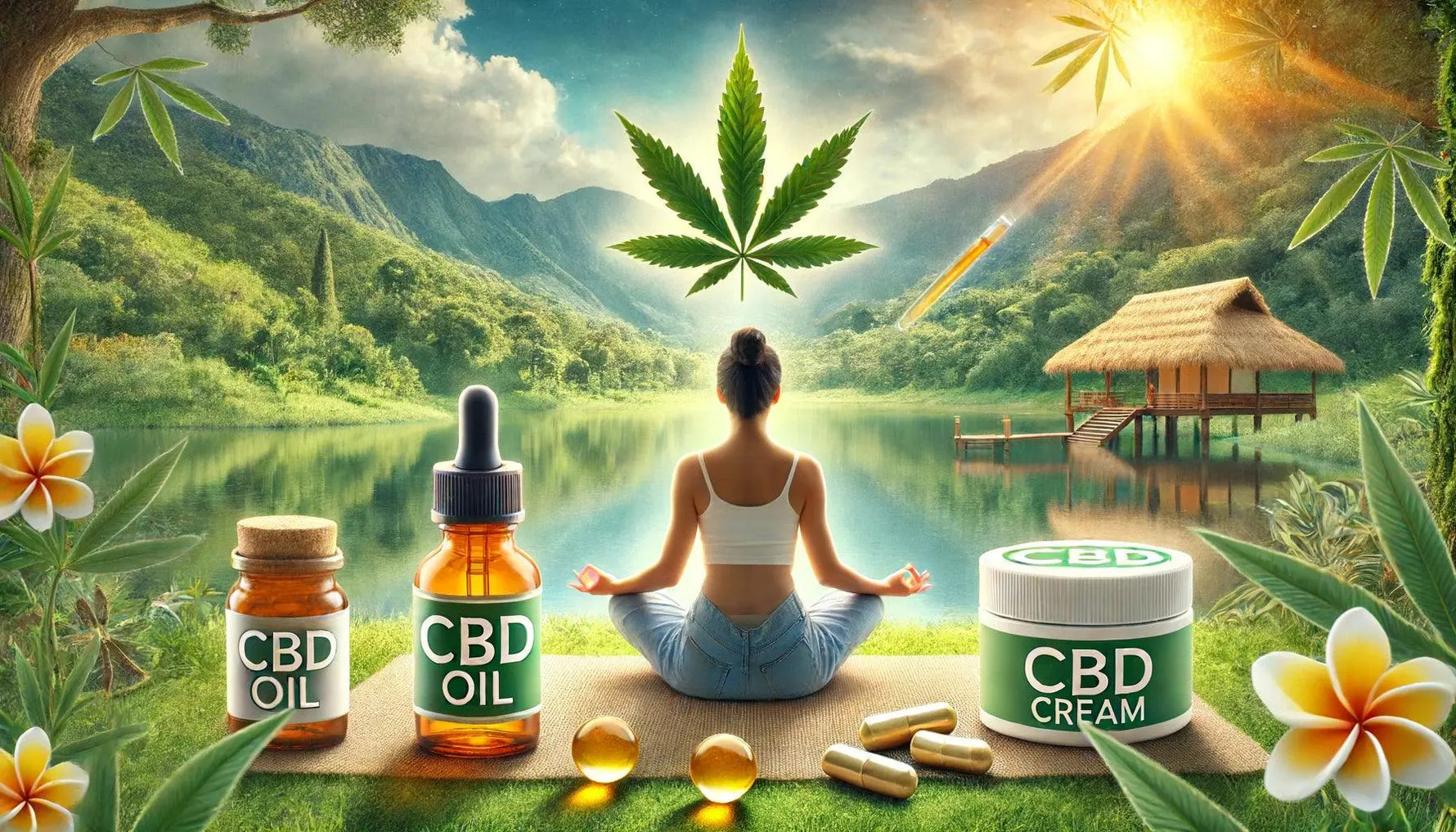 Person meditiert in der Natur mit CBD-Produkten, die den positiven Einfluss von CBD auf die psychische Gesundheit symbolisieren