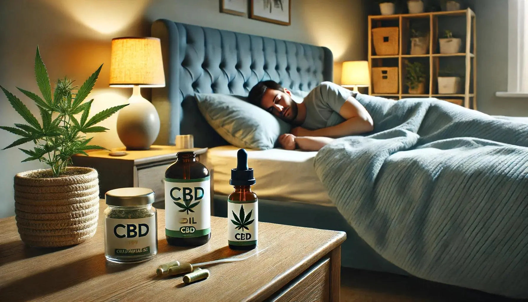 Person schläft friedlich mit CBD-Produkten im Hintergrund, die bei Schlafproblemen helfen