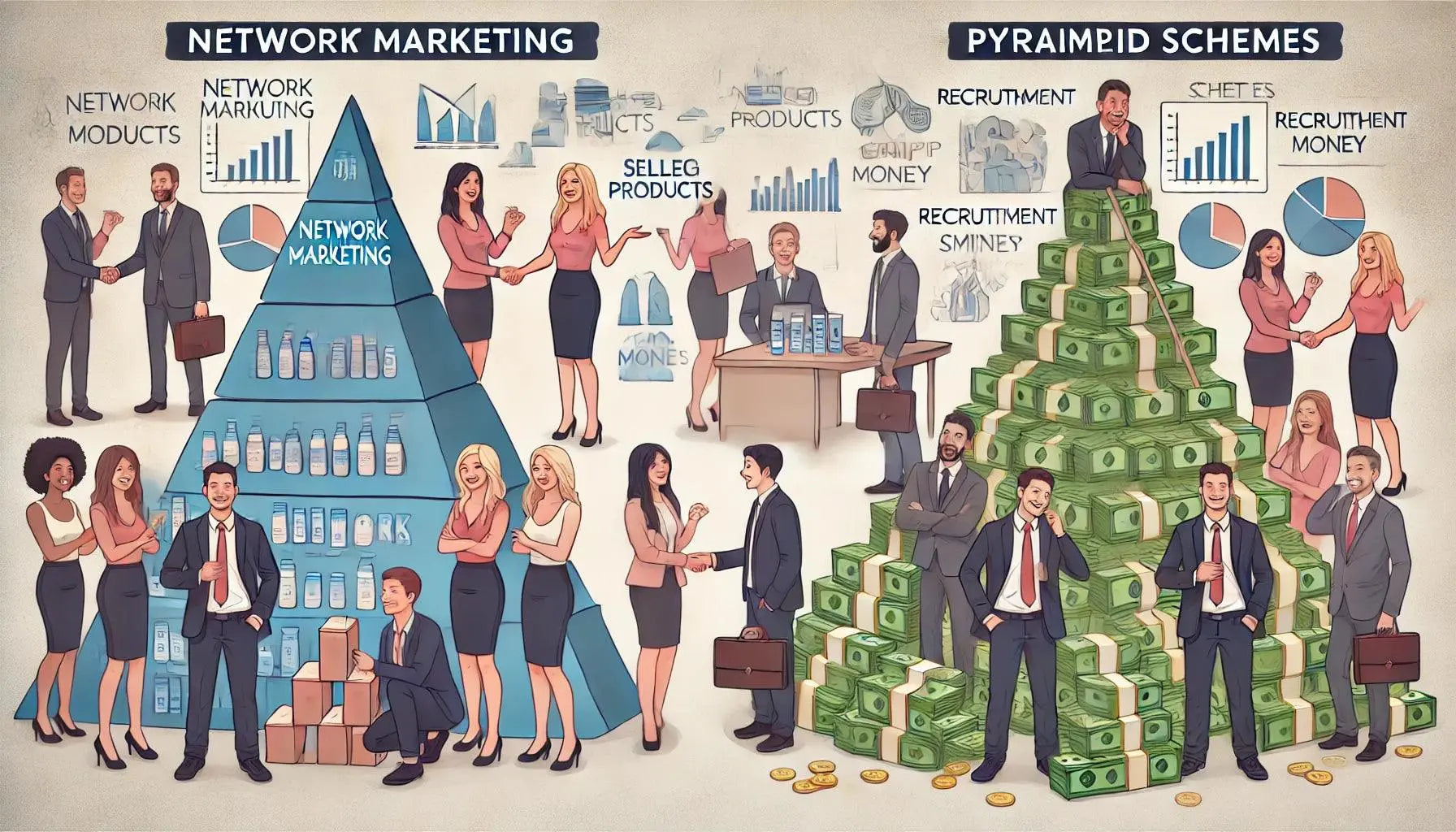 Menschen, die Produkte verkaufen, lächeln und mit Kunden diskutieren, sind ein Beispiel für Network-Marketing