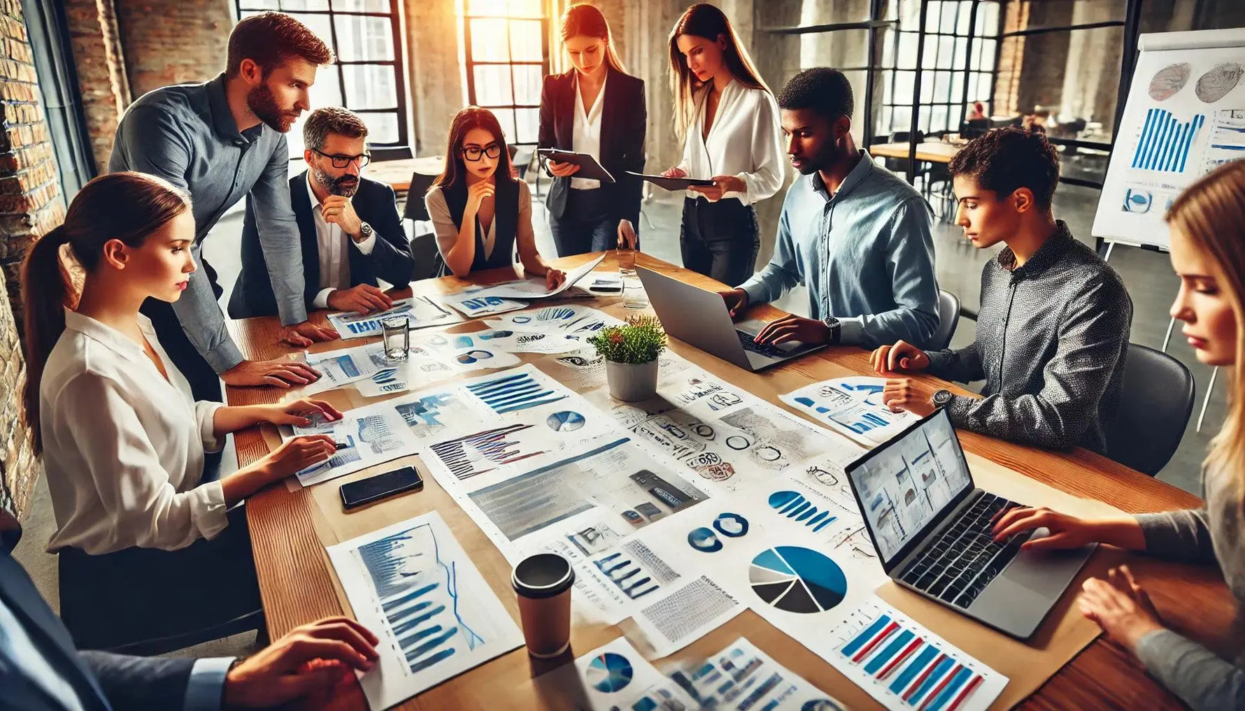 Eine vielfältige Gruppe von Fachleuten in einem modernen Büro, die einen Marketingplan mit Diagrammen, Grafiken und Laptops besprechen und daran arbeiten.