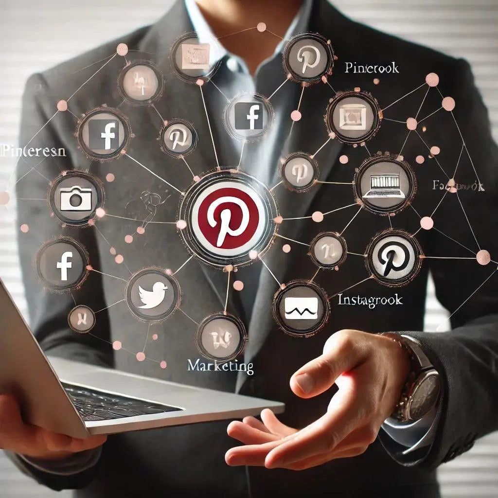 Eine professionelle Person mit einem Laptop, umgeben von Symbolen sozialer Medien, die den Aufbau einer persönlichen Marke im Network Marketing darstellen.