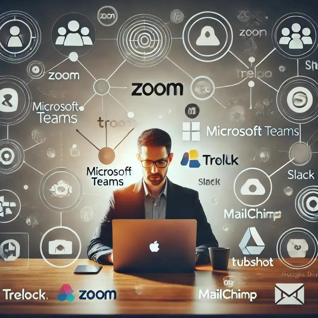 Eine Person, die aus der Ferne am Computer arbeitet, umgeben von Symbolen verschiedener technischer Werkzeuge, die das Network Marketing unterstützen.