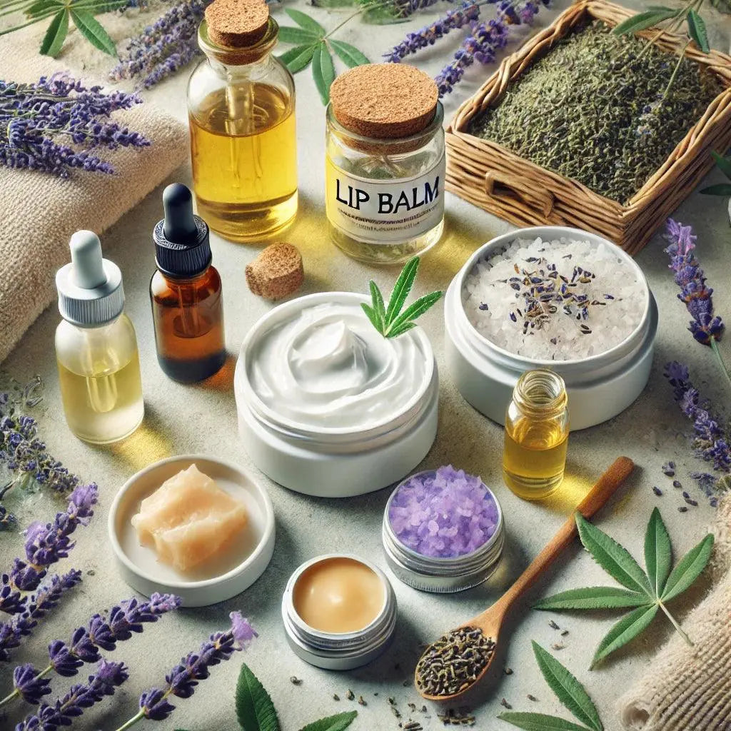 Selbstgemachte CBD-Kosmetikprodukte in Gläsern, umgeben von Lavendel und Eukalyptusblättern.