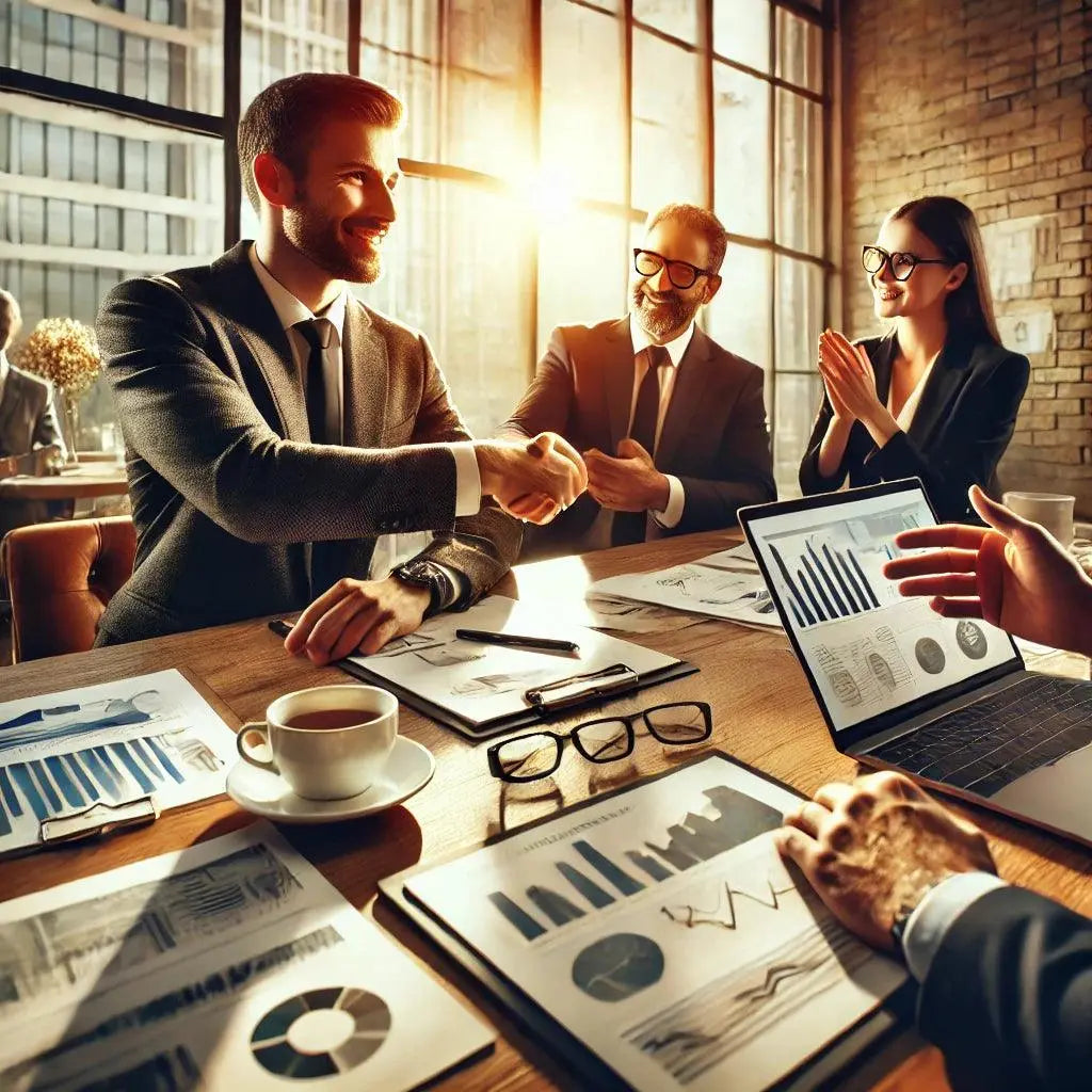 Geschäftsperson schüttelt in einem modernen Büro die Hand eines Kunden, symbolisiert langfristige Beziehungen im Network Marketing