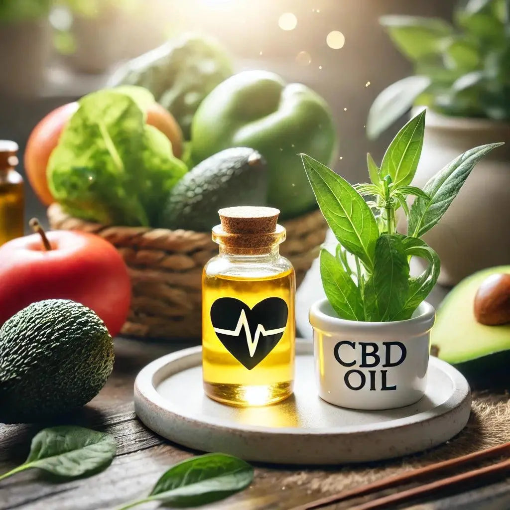 CBD-Öl und Herzsymbol, umgeben von gesunden Lebensmitteln, die Herzgesundheit fördern