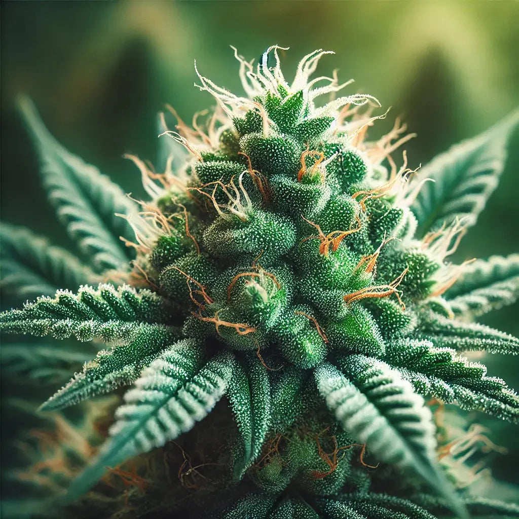 Nahaufnahme einer CBD-Blüte mit feinen, frostigen Trichomen auf natürlichem Hintergrund, perfekt für die Präsentation organischer CBD-Produkte