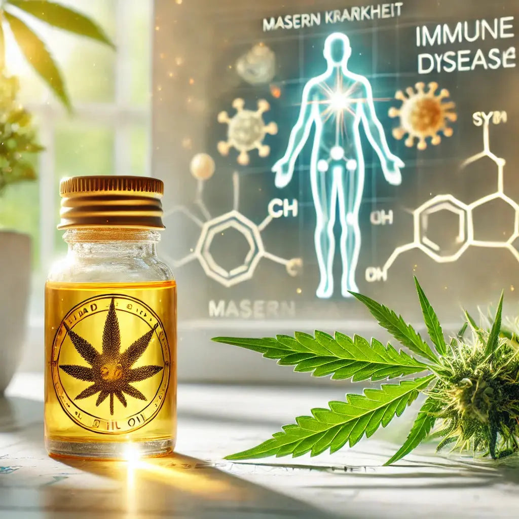 Glasflasche mit CBD-Öl und Hanfblättern auf einem Holztisch in einer gemütlichen Umgebung, symbolisch für Unterstützung des Immunsystems bei Masern Krankheit