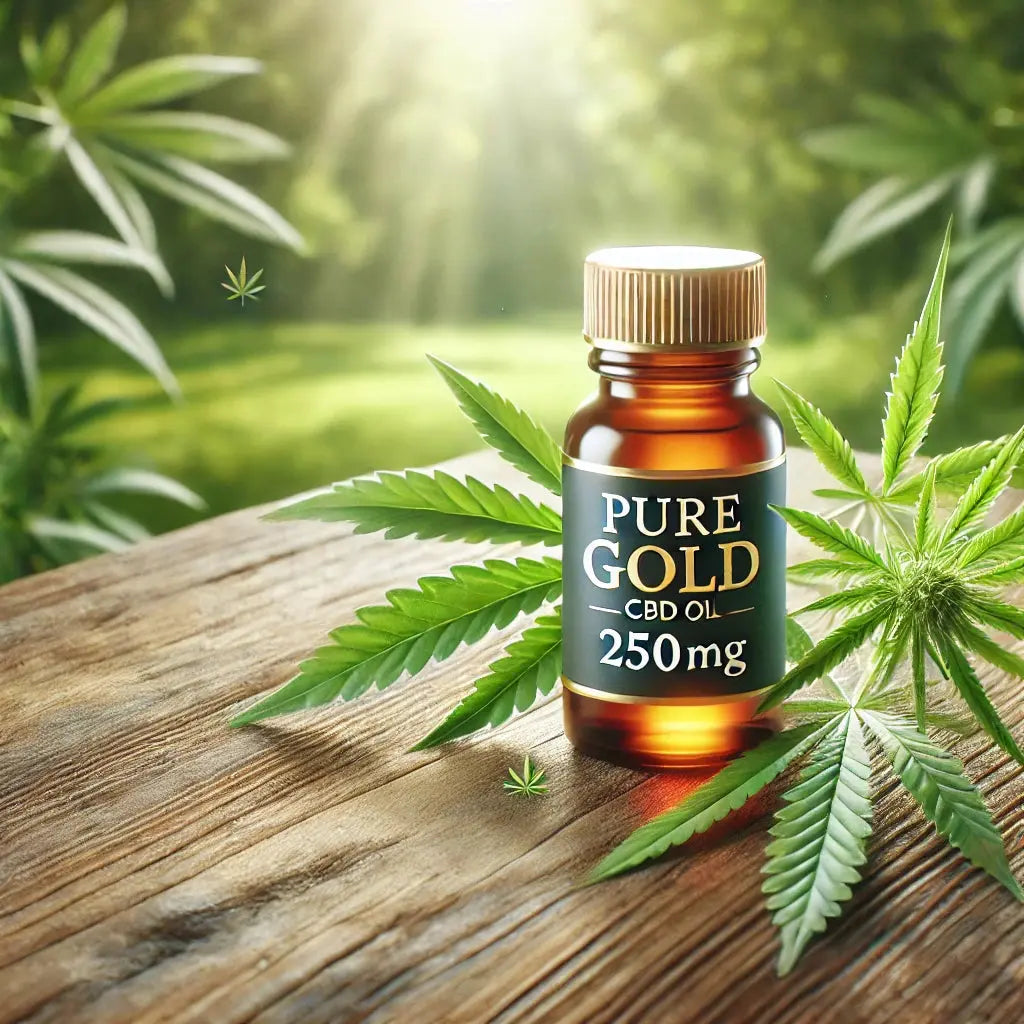 Pure Gold 250mg CBD-Öl mit Hanfblättern, ideal für die Unterstützung des Endocannabinoid-Systems