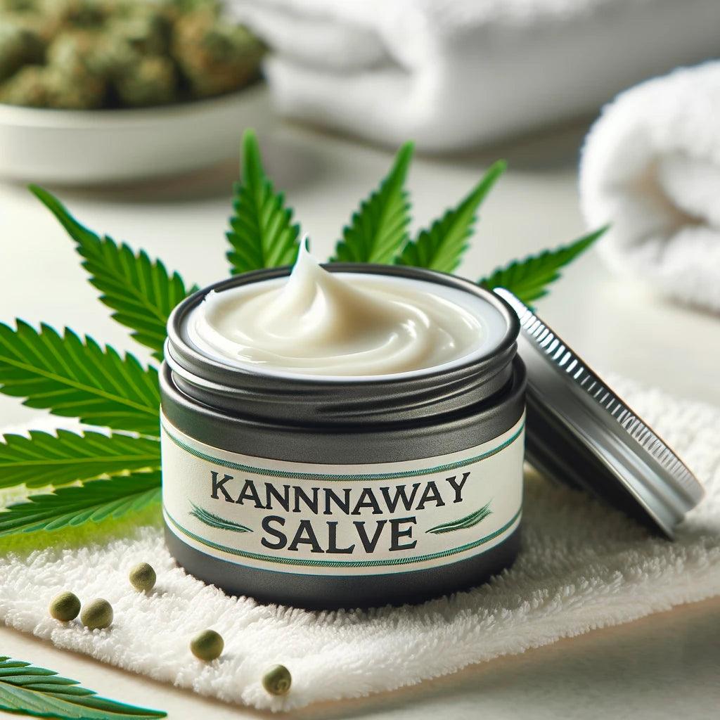 Luxuriöser Hautpflegebalsam 'Kannaway Salve' auf Marmorwaschtisch, offen mit reichhaltiger, cremiger Textur, umgeben von grünen Hanfblättern und weißen Handtüchern. Perfekt für intensive Feuchtigkeitsversorgung